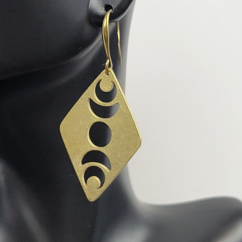Dangle Drop Earrings Raw Brass Moon Phase Hook Handmade 2.5" Long Diamond Shape - Picture 4 of 12